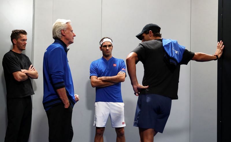 Bjorn Borg s Rogerem Federerem a Rafaelem Nadalem na Laver Cupu 2019