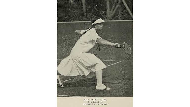 Helen Wills' trademark visor, large collar, and long skirt kept her safer from the sun than many of her more stylishly dressed colleagues and opponents.