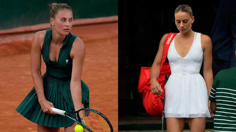 Câțiva din Kostyuk's tennis dresses have gone viral, including her forest-green Roland Garros kit and her wedding-dress inspired Wimbledon look.