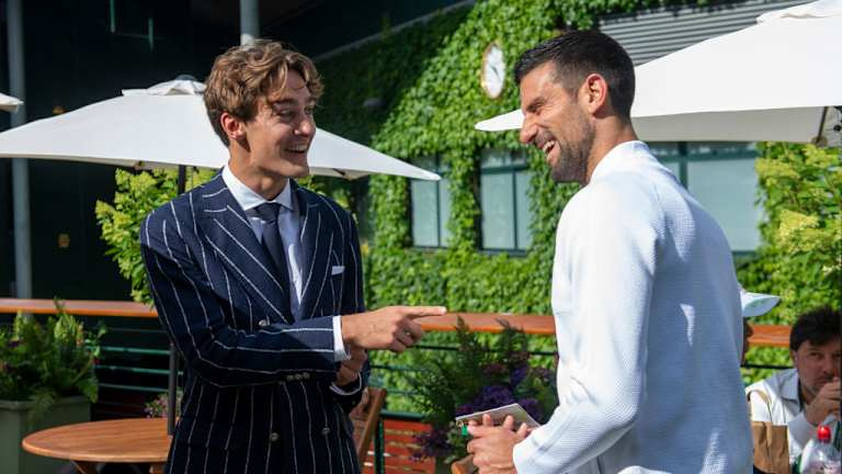 Gerçi o yapmadı't hit a ball on Day 10 thanks to Alex de Minaur's injury, Novak Djokovic did meet F1 driver George Russell.