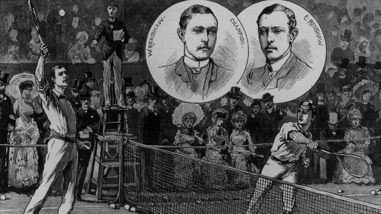 1882: Bliźniacy Willie i Ernest Renshaw grają w ostatnim secie turnieju Wimbledon Lawn Tennis Men's Singles Championships. Willie beat his brother in this encounter and would hold the title seven times.