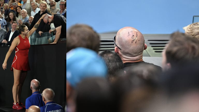 „I-am semnat capul azi's see if it's working or not…" Sabalenka autographed fitness trainer Jason Stacy's dome during her run to the Australian Open title—will it bring her good luck again in Paris?