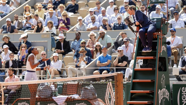 "He (the line judge) called it (out) before I hit it. Can you ask him?” Gauff asked chair umpire Aurélie Tourte, who declined: "We cannot ask him."