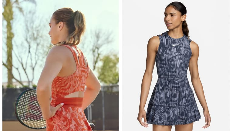 Sabalenka vai arrasar no NikeCourt Slam Women's Dri-FIT Tennis Dress in terre battue-hued “Rust Factor” orange, also available in "Thunder Blue".