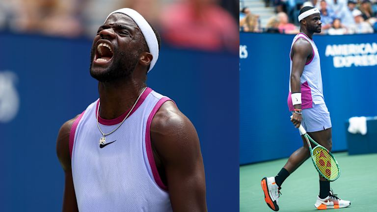 Frances Tiafoe dans le haut sans manches Fall Slam et le short Dri Fit Advantage de Nike's New York Collection.