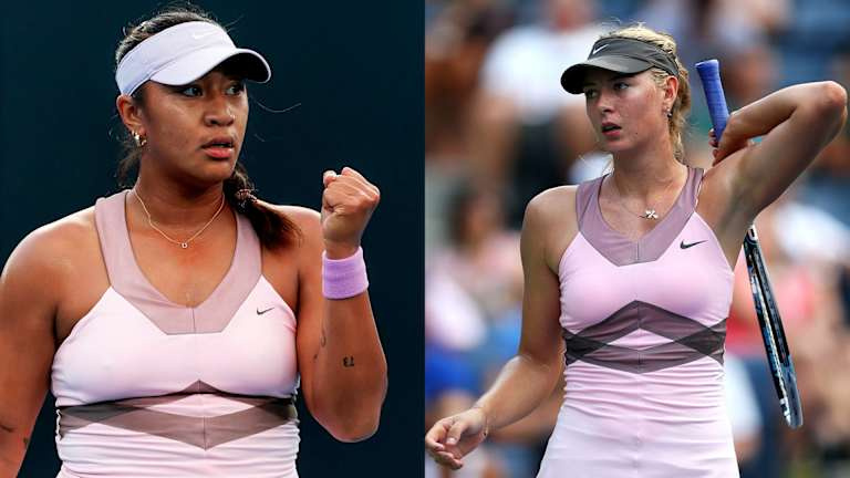 Aiava portait cette robe Nike rose clair, vue ici sur Maria Sharapova à l'US Open 2012, pour son premier match en qualifications.