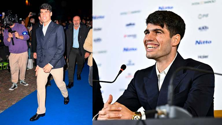 Carlos Alcaraz op de blauwe loper van de ATP Finals tijdens Mediadag.