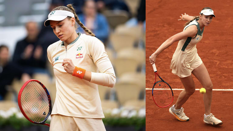 Rybakina poartă o nouă rochie de culoare crem Yonex, cu detalii portocalii ars și măsline.