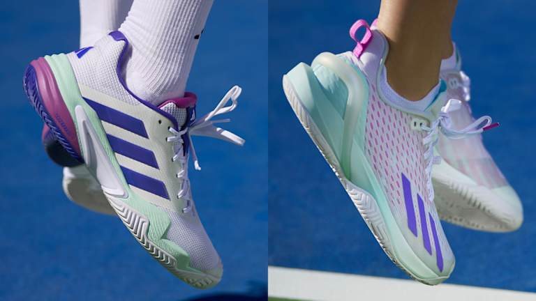 Stânga: Bărbații's Barricade 13 in Cloud White, Lucid Blue & Semi Flash Aqua | Right: The women's Cybersonic in Cloud White, Cobalt Blue & Semi Flash Aqua